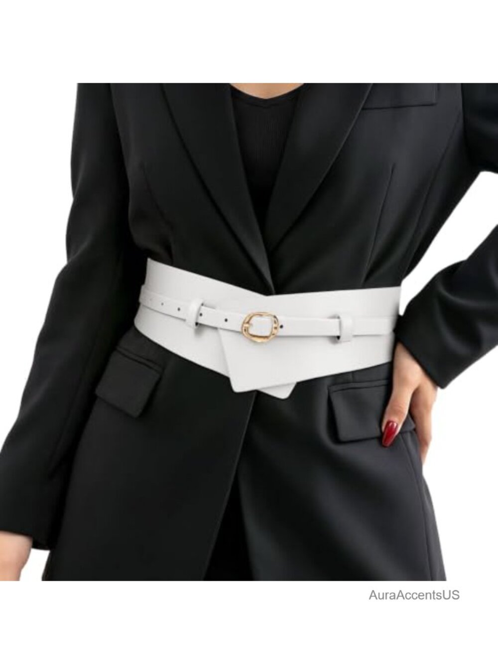 2-in-1 Wide PU Leather Waist Belt with Gold Liquid Buckle for Dresses